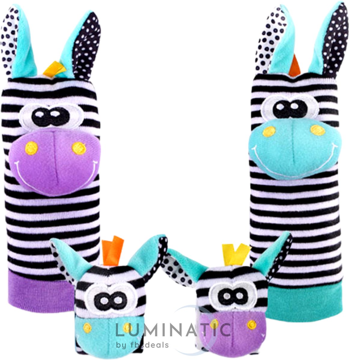 Baby Rammelaar - Rammelaar Sokjes en Armbandjes - Pols en Voetrammelaar - Speel en Voetzoeker Sokken - Baby Sokjes - Pluche Knuffels - Rammelaar - Belletjes | Luminatic® | Zebra & Giraffe 3 | 1 Set, 4 Stuks